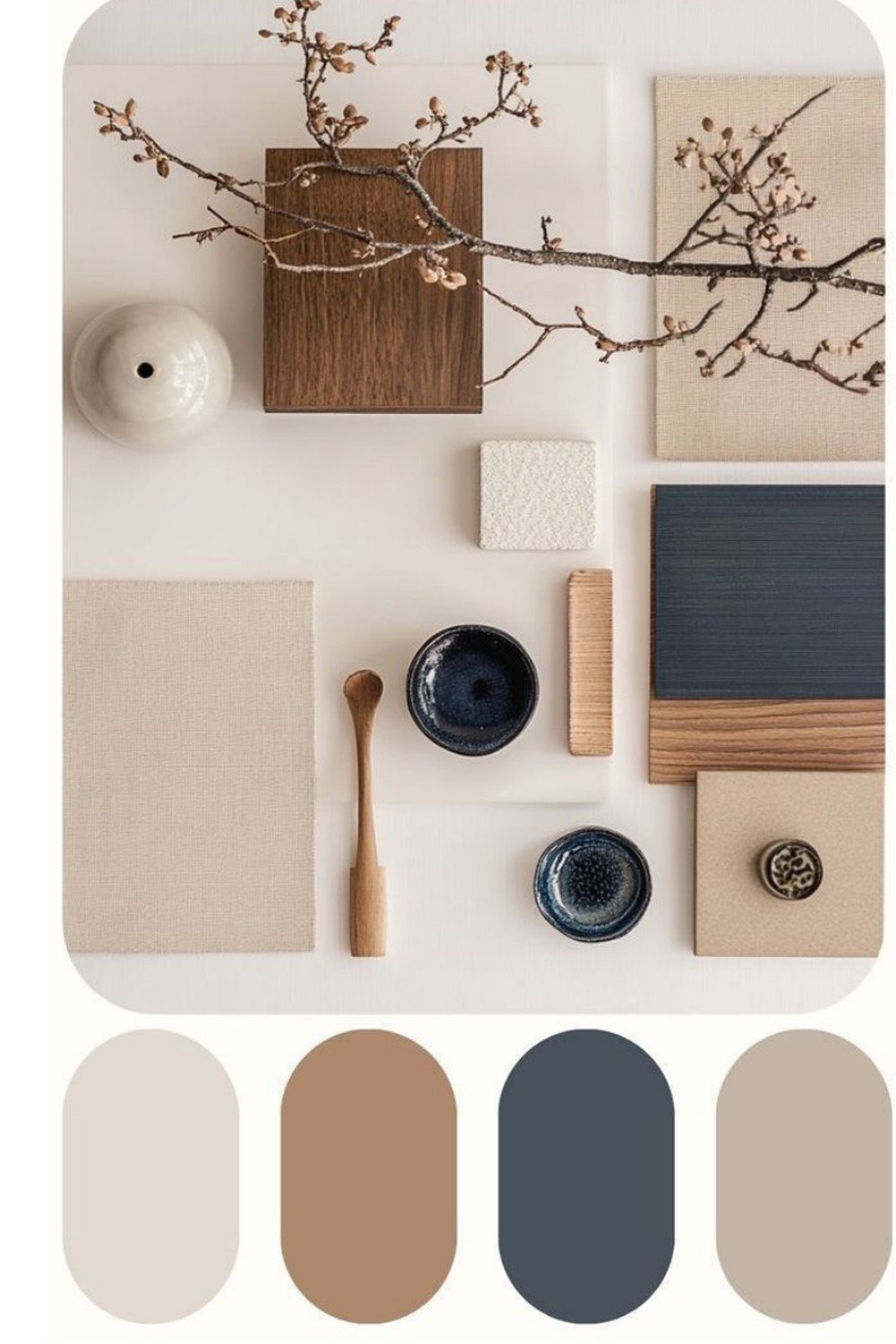 Moodboard de materiais em madeira, tecido e cerâmica azul